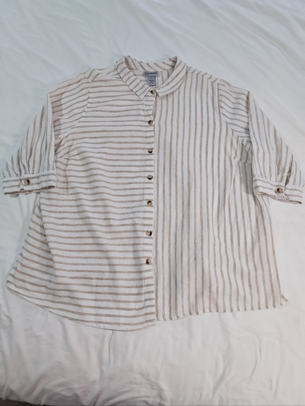 Catherine's Tan & White Striped Linen Blend Blouse, Size 3X